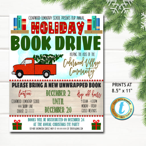 Holiday Book Drive Flyer, Christmas School Church Pto Pta, Holiday Nonprofit Charity Kids, Editable Template, Xmas Shopping DIY Self-Editing
