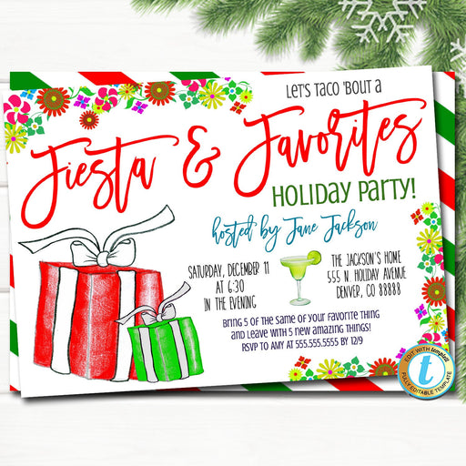 Favorite Things Christmas Party Invitation, Christmas Fiesta Invite, Holiday Gift Exchange Girls Teacher Party, Editable Template Download