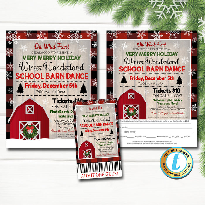Winter Dance Flyer Set, Christmas School Dance, Church Pto Pta, Holiday Kids Barn Dance Party Ticket, Fundraiser DIY Self-Editing Template