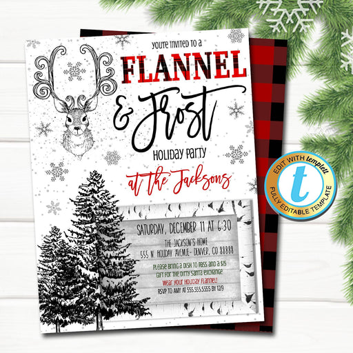 Flannel and Frost Party Invitation, Christmas Party Plaid Invitation, Holiday Cocktail Party, Editable Template, DIY Self-Editing Download