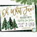 Christmas Tree Party Invitation, Oh What Fun Gold Green Buffalo Plaid Farmhouse Invite Holiday Housewarming Cocktail Party Editable Template