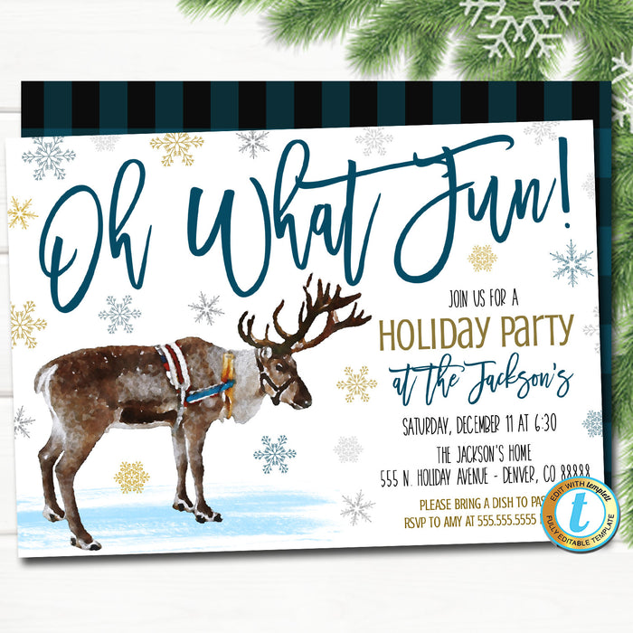 Christmas Party Invitation Oh What Fun Blue Buffalo Plaid Rustic Farmhouse Invite Holiday Housewarming Watercolor Reindeer  Template