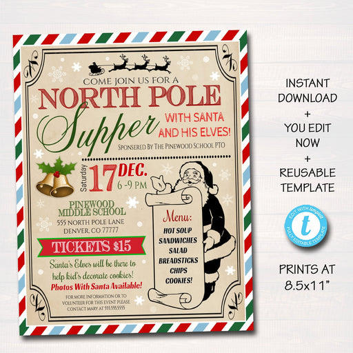 EDITABLE Supper with Santa Flyer & tickets North Pole Dinner Invitation, Kids Christmas Party, Printable Community Holiday Event Flyer