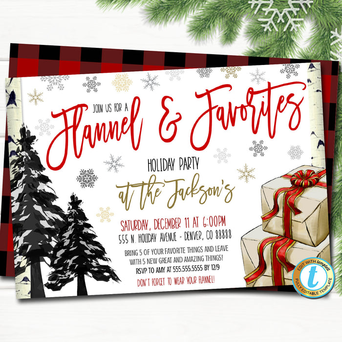 Favorite Things Party Invitation, Christmas Party Plaid Invitation, Flannel and Favorites Party  Template, DIY Self-Editing Download