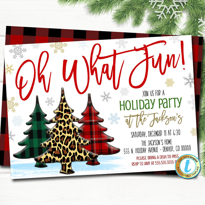 Oh What Fun Christmas Party Invitation Leopard and Buffalo Plaid Rustic Farmhouse Invite Holiday Housewarming Cocktail DIY  Template