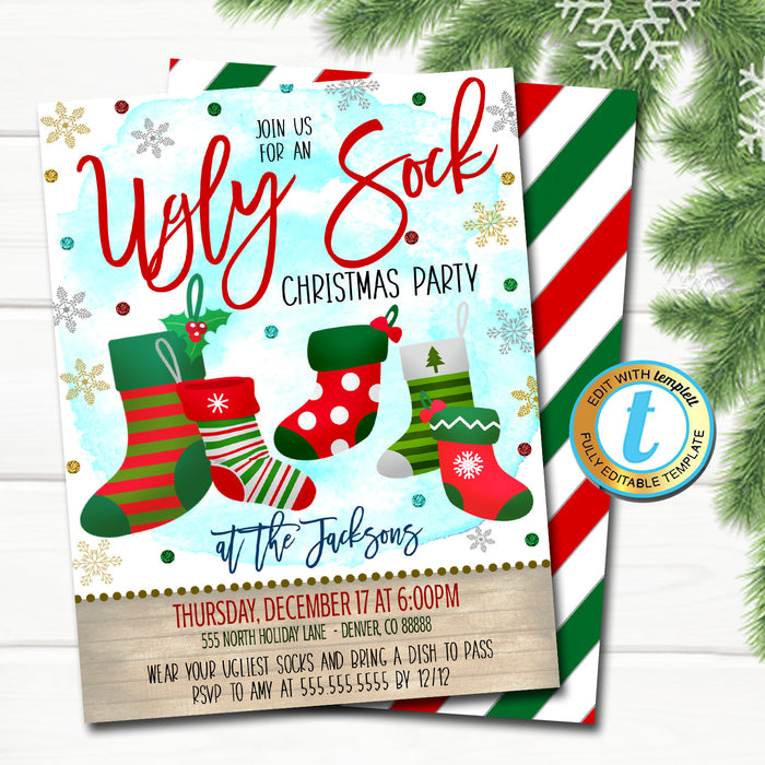 Ugly Sock Christmas Party Invitation, Modern Xmas Rustic Farmhouse Invite Holiday Ugly Sweater Adult Cocktail Party DIY  Template
