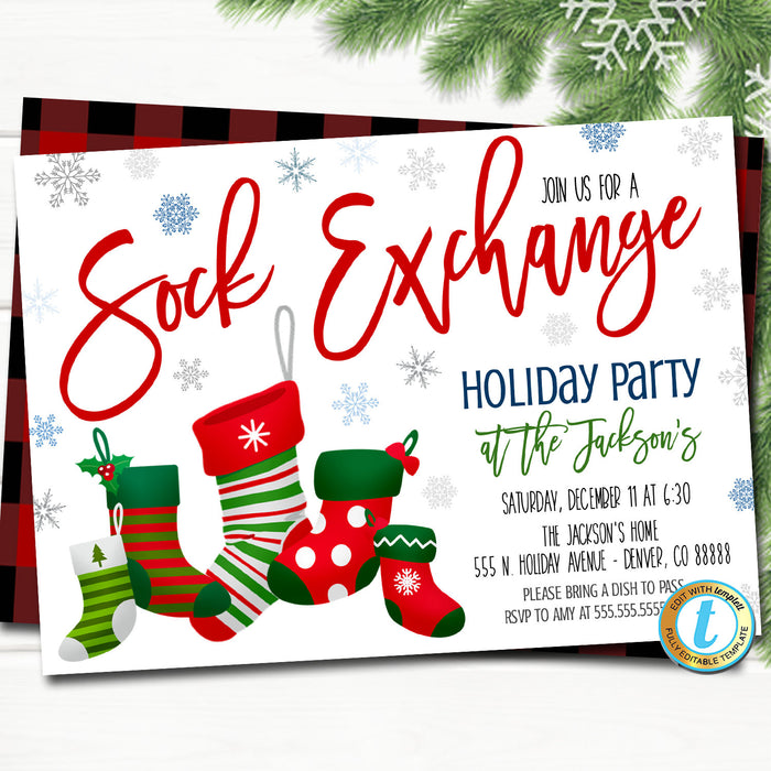 Ugly Sock Christmas Party Invitation, Red Buffalo Plaid Farmhouse Invite, Holiday Ugly Sweater Adult Cocktail Party, DIY  Template