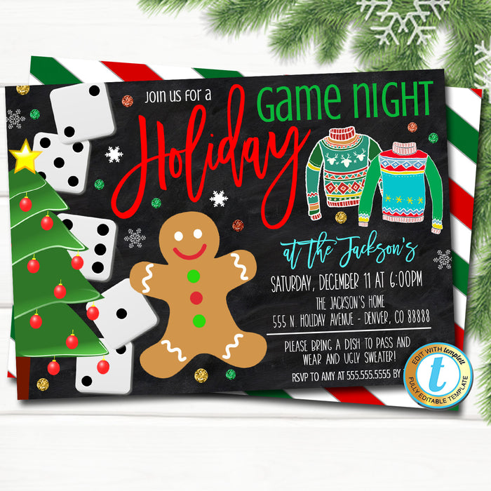 Christmas Game Night Party Invitation, Holiday Invite, Xmas Cocktail Games Party, Family Work  Template, DIY Self-Editing Download