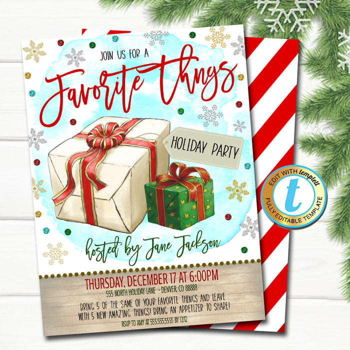 Favorite Things Christmas Party Invitation, Modern Christmas Invite, Rustic Gift Exchange Girls Holiday, Party  Template Download