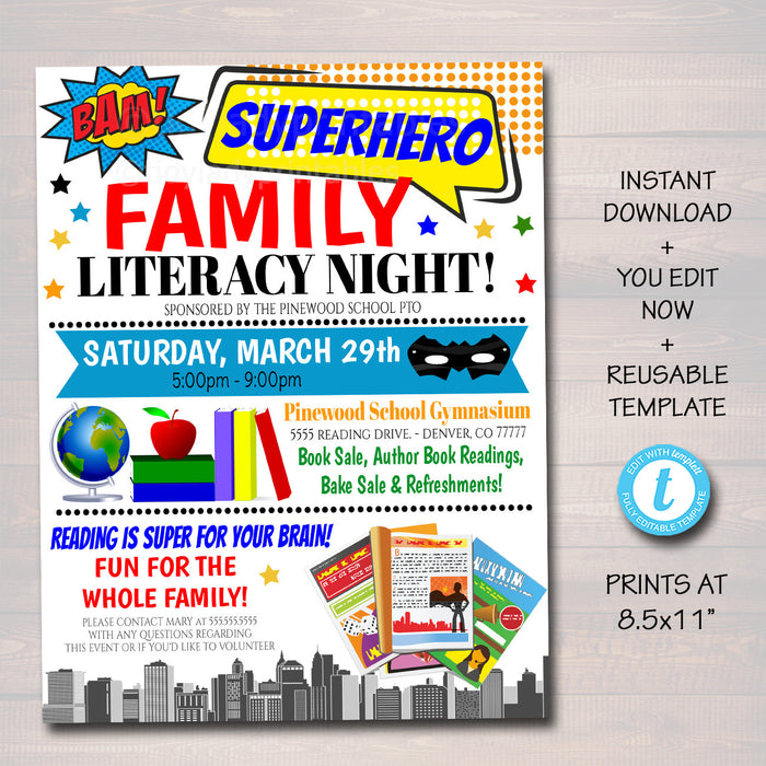 Superhero Family Literacy Night Flyer Printable Template