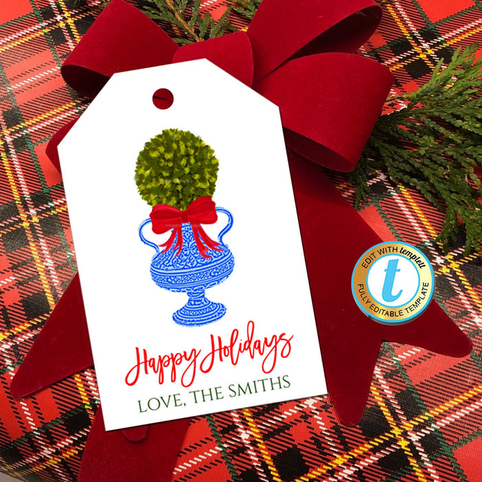Christmas Ginger Jar Gift Tags, Boxwood Topiary Red Ribbon, Preppy Holiday Southern Style, Chinoiserie Chic, DIY  Template, Download
