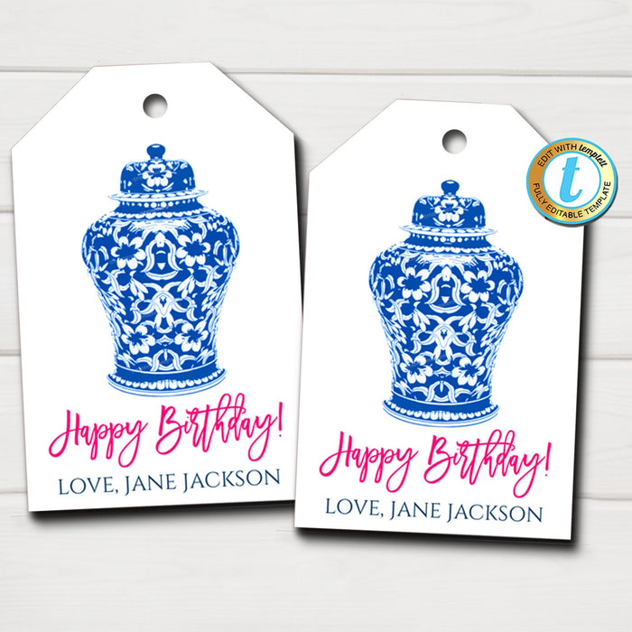 Blue Ginger Jar Gift Tags, Any Occasion Gift Label, Preppy Southern Style Card, Chinoiserie Chic Wrapping, DIY  Template Download