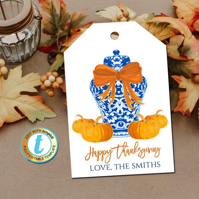 Fall Ginger Jar Gift Tags, Thanksgiving Gift Label Orange Ribbon, Preppy Holiday Southern Style Chinoiserie Chic,  Template Download