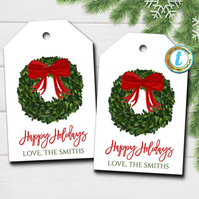 Christmas Boxwood Wreath Gift Tags, Red Ribbon, Farmhouse Preppy Holiday Southern Style, Chinoiserie Chic, DIY  Template, Download