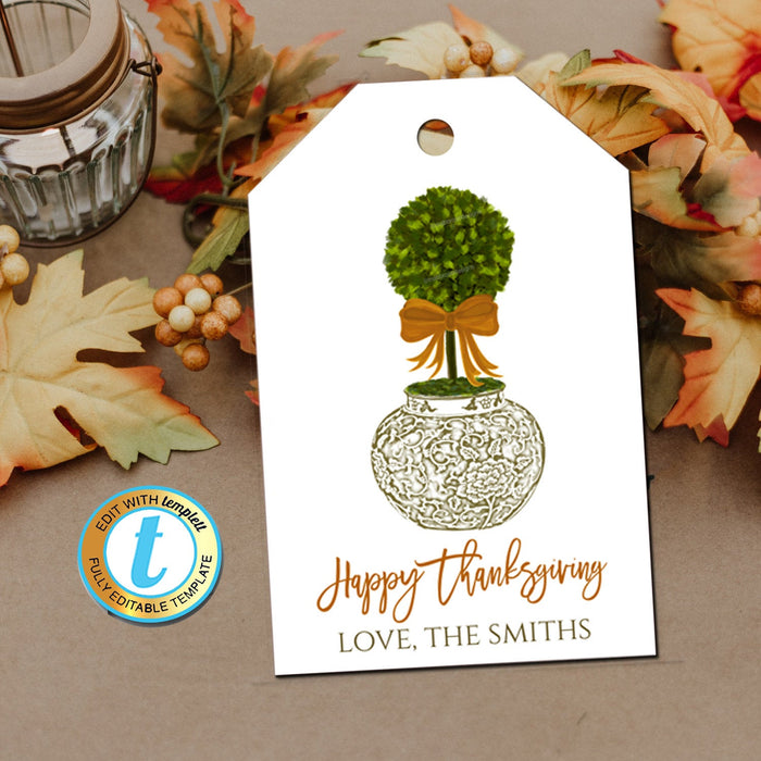 Fall Ginger Jar Gift Tags, Thanksgiving Gift Label Orange Ribbon, Preppy Holiday Southern Style Chinoiserie Chic,  Template Download