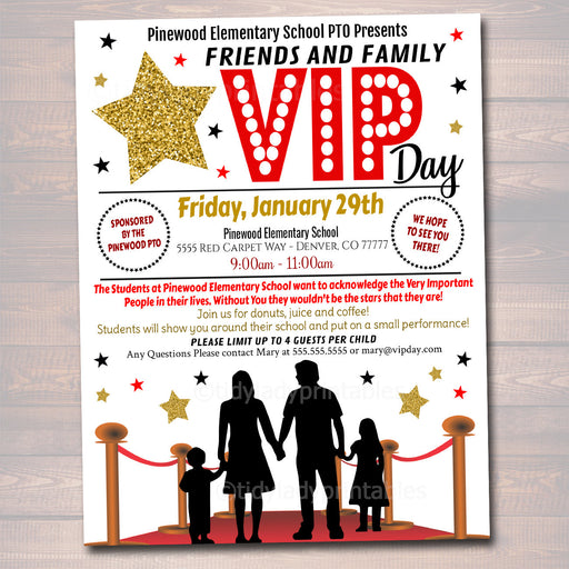 Editable Family VIP Day Flyer, Printable PTA PTO, School Church Fundraiser, Friends Grandparents Day, School Open House Student Stars Invite