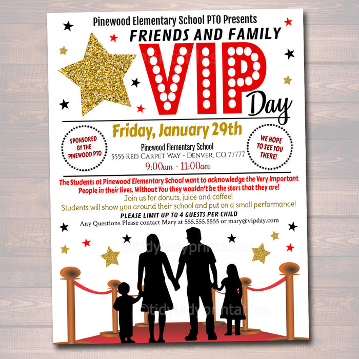 Editable Family VIP Day Flyer, Printable PTA PTO, School Church Fundraiser, Friends Grandparents Day, School Open House Student Stars Invite