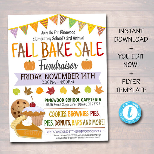 Fall Bake Sale Flyer, Festival Fall Harvest Flyer, Printable Autumn Bakery Invite, Fall Church School pto pta Fundraiser Editable Template