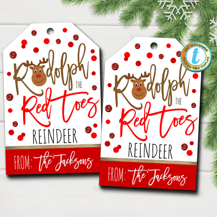 Christmas Gift Tags, Rudolph the Red Toes Reindeer, Teacher Staff Holiday Gift, Secret Santa Nail Polish Stocking Stuffer,  Template