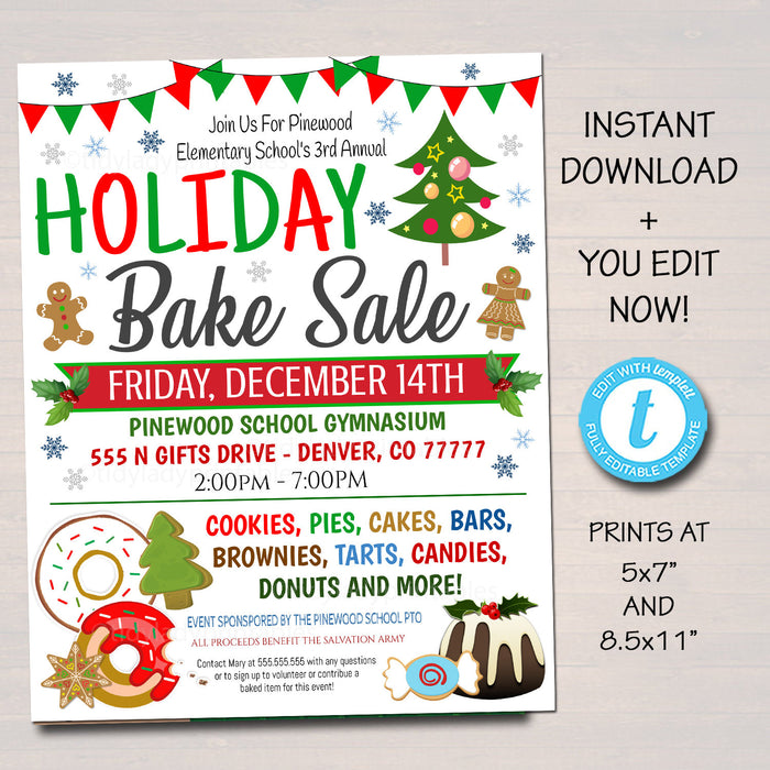 EDITABLE Holiday Bake Sale Flyer, Printable PTA PTO, School Family Fundraiser Event, Christmas Bakery, Church Printable Digital Invitation