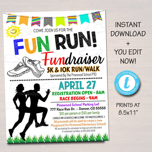 EDITABLE Fun Run Flyer Printable, School Community Fundraising Event Charity Race Run Benefit Fundraiser, Fun Run Template 5k 10k Race Flyer