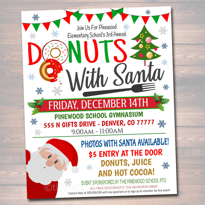 EDITABLE Donuts with Santa Flyer, Breakfast with Santa Invitation Kids Christmas Party Printable, Community Holiday School Fundraiser Flyer
