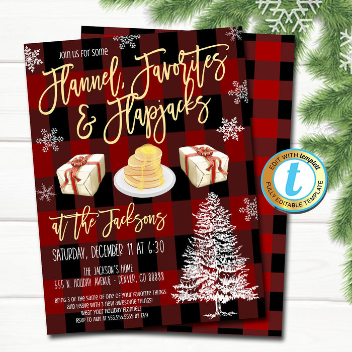 Flannel Favorites and Flapjacks Party Christmas Party Invitation, Brunch Pancakes and Pajamas,  Template, DIY Self-Editing Download