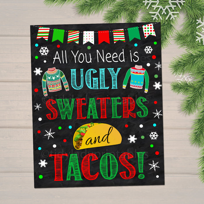 Christmas Ugly Sweater Fiesta Decor Printables, Margarita and Mistletoe Holiday, Adult Taco Xmas Eat Drink Be Ugly Party Signs Feliz Navidad