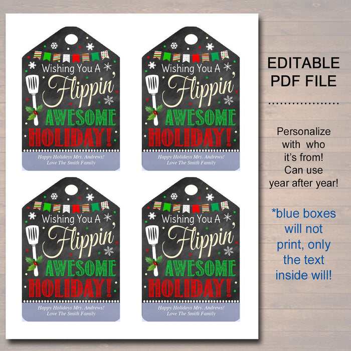 Holiday Gift Tags, Spatula Wish You a Flippin' Awesome Christmas Favor Tags, Teacher, staff Volunteer White Elephant, Xmas Bakery Treat Tag
