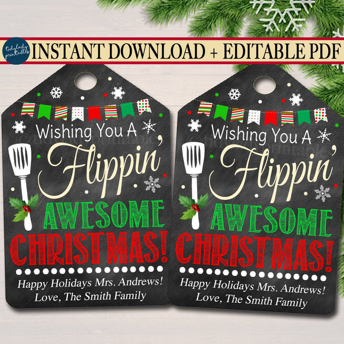 Christmas Gift Tags, Spatula Wish You a Flippin' Awesome Holiday Favor Tags, Teacher, staff Volunteer White Elephant, Xmas Bakery Treat Tag