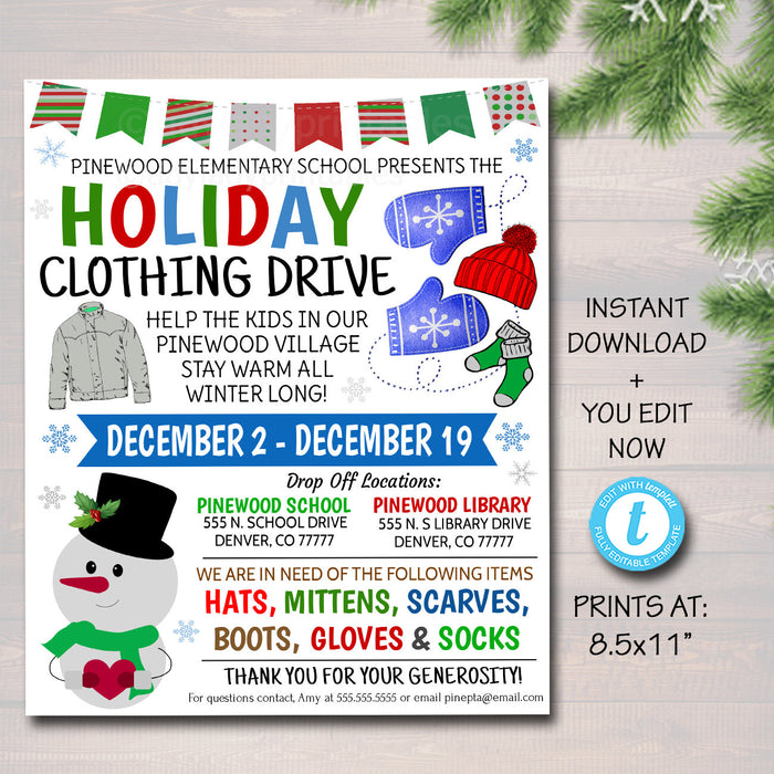 Holiday Clothing Drive Flyer, Printable PTA PTO, Charity Church Fundraiser, Printable Invitation, Christmas Cold Coat Jacket Donations Flyer