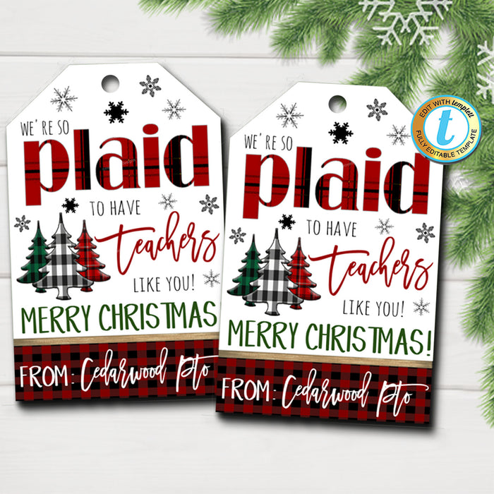 Christmas Gift Tags, So Plaid to Have a Teacher Like You, School pto pta, Holiday Appreciation, Blanket Socks Mitten Tag,  Template