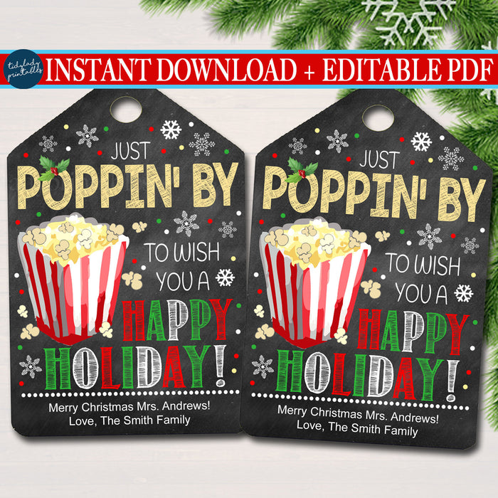 Christmas Popcorn Gift Tags, Secret Santa Office Staff Teacher Gift, Popcorn Tin Holiday Printable, White Elephant
