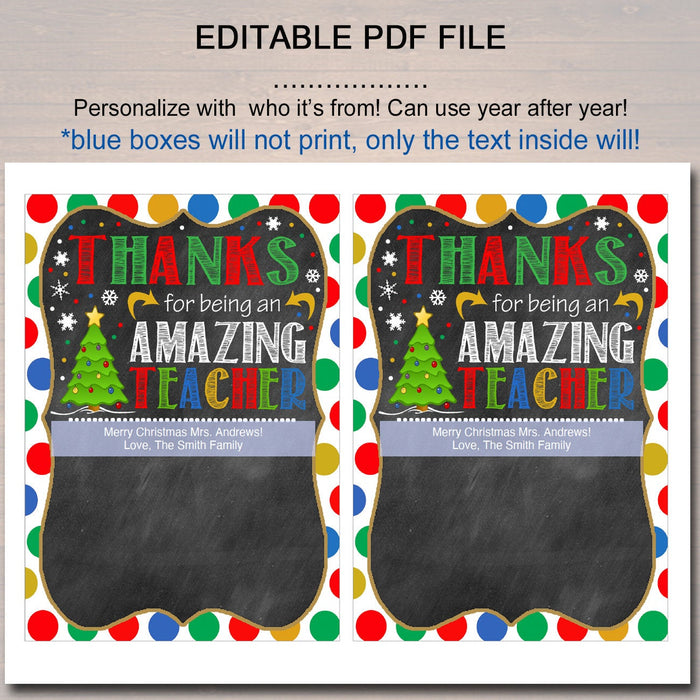 Christmas Gift Card Holder Printable, Thanks for Being an Amazing Teacher, Holiday School Pto pta Appreciation,