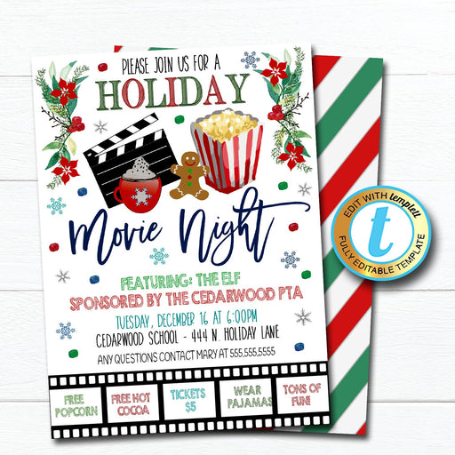Christmas Movie Night Invitation, Kids Holiday Invite School Church Pto Pta Event, Winter Party Editable Template, DIY Self-Editing Download