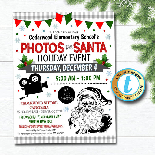 Photos with Santa Flyer, Holiday Santa Invitation, School Church Pto Pta Fundraiser Event Editable Template Christmas Party DIY Self-Editing