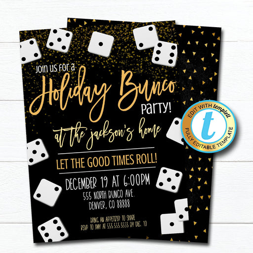 New Years Bunco Party Invitation, Adult Holiday Invite, Xmas Cocktail Games Party, Winter Party Editable Template, DIY Self-Editing Download