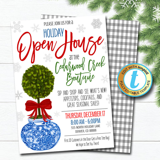 Holiday Open House Invitation, Christmas Boutique Shopping Event Ginger Jar Southern Style Small Business, DIY Editable Template, Download