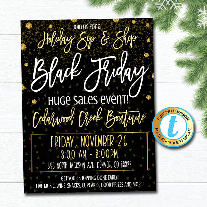 Black Friday Shopping Flyer, Holiday Store Invitation, Christmas Boutique Event, Small Business Saturday, Christmas Gold, Editable Template