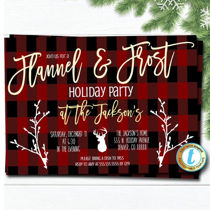 Flannel and Frost Party Invitation, Christmas Party Plaid Invitation, Holiday Cocktail Party, Editable Template, DIY Self-Editing Download