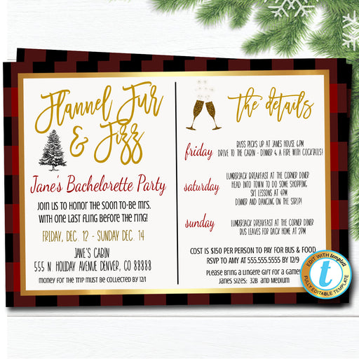 Flannel Fur and Fizz Bachelorette Weekend Itinerary, Christmas Party Plaid Invitation, Bridal Bachelorette, Holiday Invite Editable Template