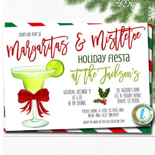 Margaritas and Mistletoe Christmas Party Invitation, Christmas Fiesta, Holiday Cocktail Party, Editable Template, DIY Self-Editing Download