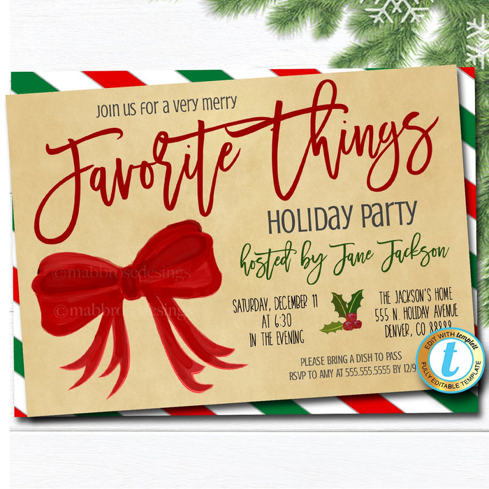 Favorite Things Christmas Party Invitation, Christmas Red Bow Invite, Xmas Gift Exchange, Girls Holiday Party, Editable Template Download
