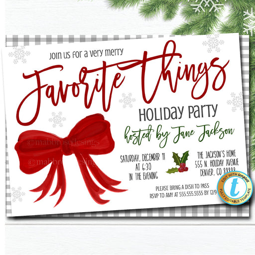 Favorite Things Christmas Party Invitation, Christmas Modern Farmhouse Gingham, Gift Exchange Girls Holiday Party Editable Template Download
