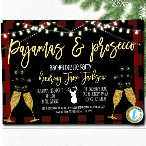 Pajamas & Prosecco Christmas Party Invitation, Bachelorette Holiday Party Plaid Invite, Cocktail Party, Template DIY Self-Editing Download