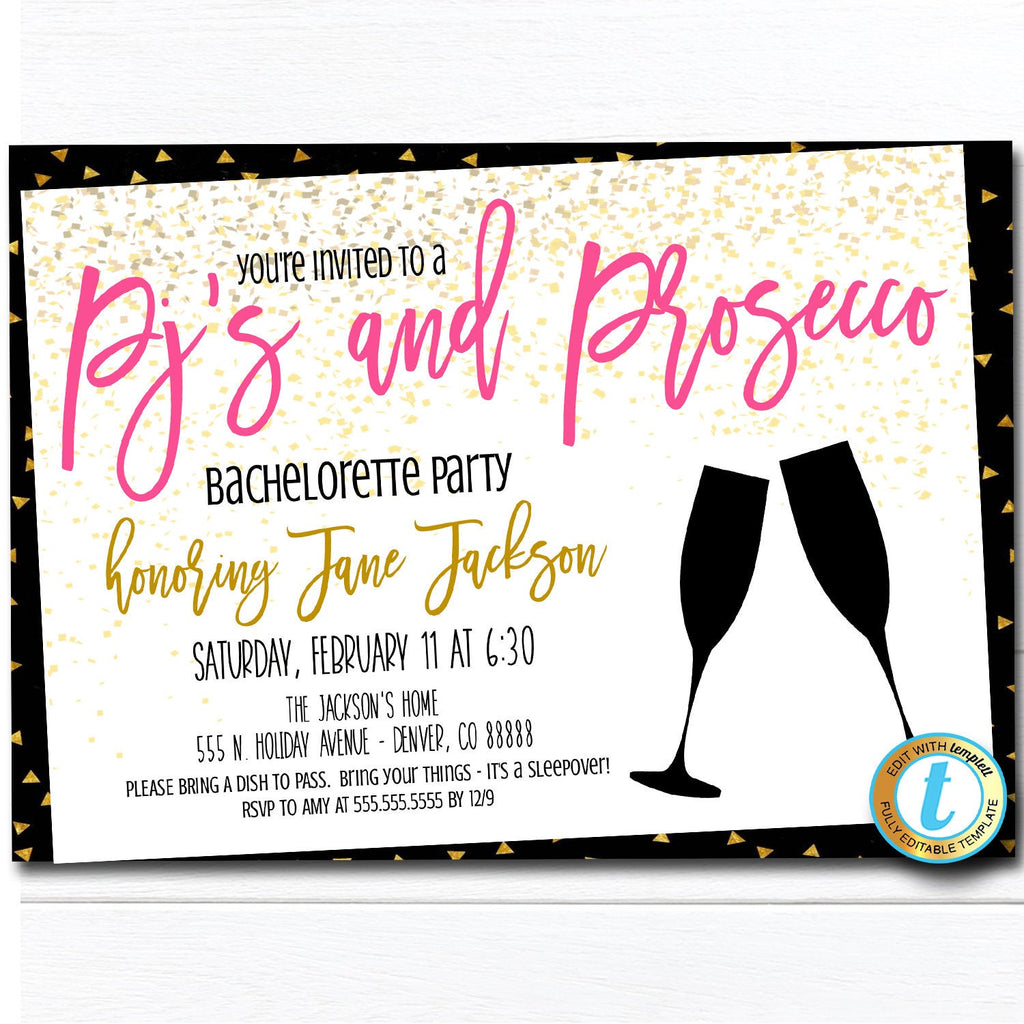 Pajamas \u0026 Prosecco Party Invitation, Bachelorette Party Bridal Shower  Ladies Night Invite, Cocktail Party Template DIY Self-Editing Download, image size:1024x1024