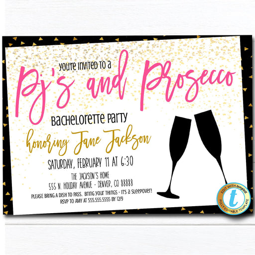 Pajamas & Prosecco Party Invitation, Bachelorette Party Bridal Shower Ladies Night Invite, Cocktail Party Template DIY Self-Editing Download