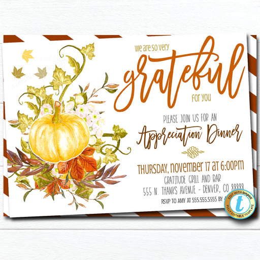 Fall Appreciation Invitation, Grateful For You Teacher Staff Invitation Pumpkin Printable Boss Client Thank You, INSTANT DOWNLOAD Template