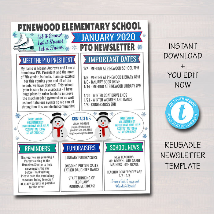 January PTO PTA Newsletter Flyer, Winter Printable Handout, School Year Calendar, Meeting Agenda Seasonal Xmas Organizer EDITABLE Template