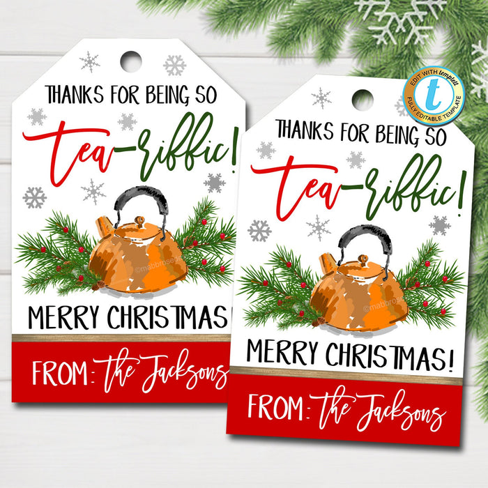 Christmas Tea Gift Tags, Christmas Thank You For Being Tea-riffic Gift Tag, Xmas Employee Teacher Staff Appreciation, DIY  Template